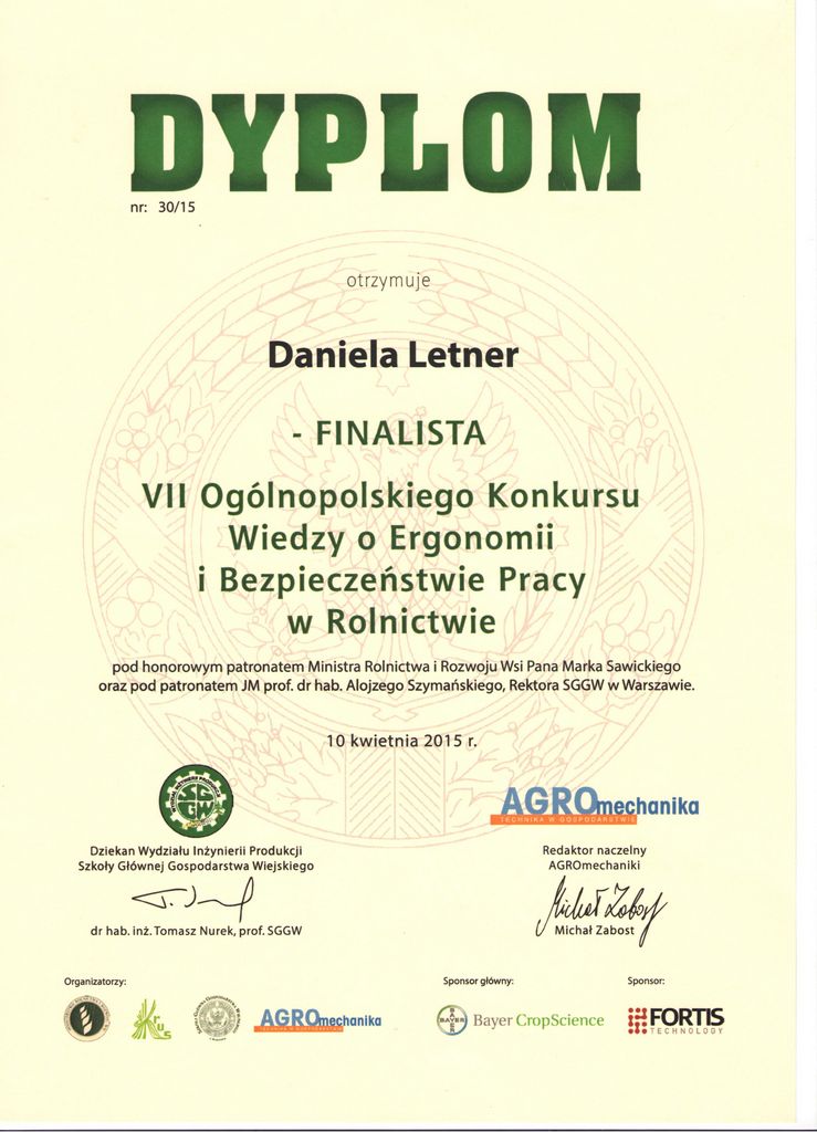 DANIELA LETNER – FINALISTKĄ  KONKURSU WIEDZY O ERGONOMII I BEZPIECZEŃSTWIE PRACY W ROLNICTWIE